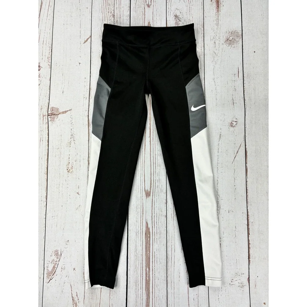 Nike Dri-FIT Girls Leggings Black Grey White Colorblock Athletic Tights Size L